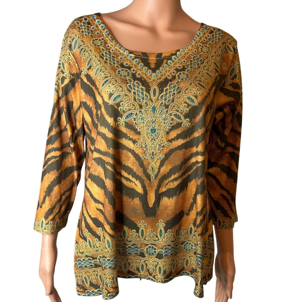 Jane Ashley tiger print pullover top 3/4 sleeve faux gemstone bead embroidery